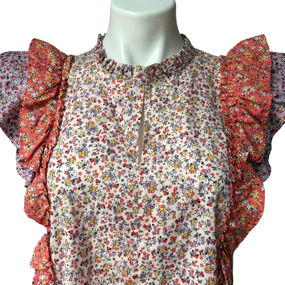 Ann Taylor Purple Orange Floral Ruffle Flutter Keyhole Button Blouse, Sz M - Picture 8 of 14